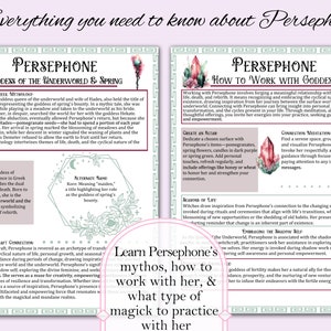 May include: A digital illustration of Persephone, the Greek goddess of the underworld and spring. The image features a green and white floral design with a crescent moon and stars. The text "Persephone, Goddess of the Underworld & Spring" is at the top of the image. The text "Learn Persephone's mythos, how to work with her, & what type of magick to practice with her" is at the bottom of the image.