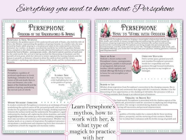 May include: A digital illustration of Persephone, the Greek goddess of the underworld and spring. The image features a green and white floral design with a crescent moon and stars. The text "Persephone, Goddess of the Underworld & Spring" is at the top of the image. The text "Learn Persephone's mythos, how to work with her, & what type of magick to practice with her" is at the bottom of the image.