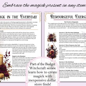May include: Two-page spread with text and illustrations about budget witchcraft. The left page features text on "Magick in the Everyday" with a candle and flowers. The right page details "Resourceful Exercises."