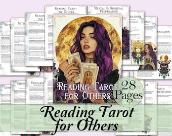 May include: A 28-page guide titled "Reading Tarot for Others" with illustrations of a woman with purple hair holding tarot cards. The guide includes sections on mental and spiritual preparation, choosing the space, setting the scene, and working with information.
