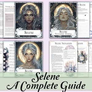 Può includere: Una guida completa intitolata "Selene" con illustrazioni di una donna con capelli argentati e una luna crescente. La guida include un diario devozionale e un libro degli incantesimi, con testo e immagini.