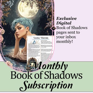Könnte beinhalten: Digital Illustration mit einer Person mit blauen Haaren, einem Vollmond und floralen Elementen. Der Text enthält "Exclusive Digital Book of Shadows pages sent to your inbox monthly!" und "Monthly Book of Shadows Subscription."