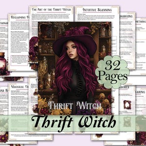 May include: A digital download titled "Thrift Witch" with 32 pages. The cover art features a woman with long, magenta hair wearing a black dress and a witch hat. The background includes shelves with jars and dried flowers.