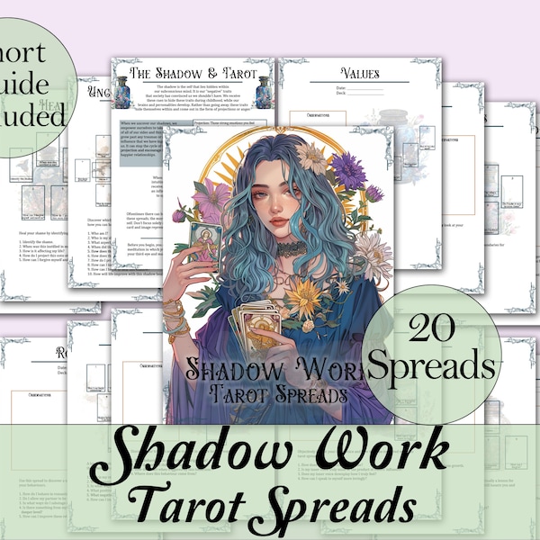 Shadow Work Tarot Spread Journal + Guide | 20 Tarot Spreads for Self Reflection - Printable Pages