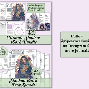 May include: A digital download bundle of printable shadow work journals and tarot spreads. The bundle includes a 30-day program, pendulum journal, tarot spreads, and a short guide. The cover features a digital illustration of a woman with long blue hair and a floral crown, holding a cup.