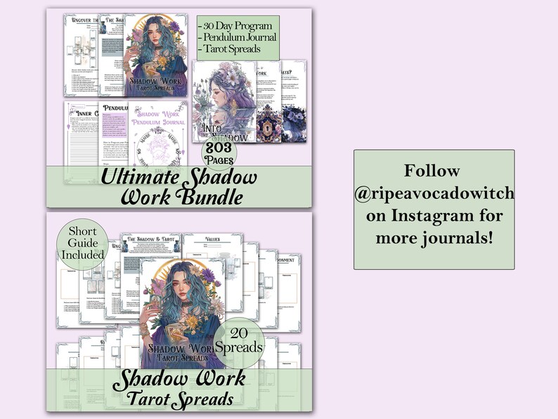 May include: A digital download bundle of printable shadow work journals and tarot spreads. The bundle includes a 30-day program, pendulum journal, tarot spreads, and a short guide. The cover features a digital illustration of a woman with long blue hair and a floral crown, holding a cup.