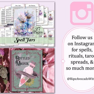 May include: A digital download of a 27-page guide to spell jars, titled "Bottled Magick: A Modern Witch's Guide to Spell Jars" by Merry Morgana. The cover features a green glass jar with a cork stopper and a sunflower design.
