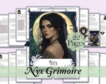 May include: A digital grimoire titled "Nyx Grimoire" featuring a portrait of a woman with long black hair against a moonlit background. The image includes the text "22 Pages" and various pages with text and illustrations.