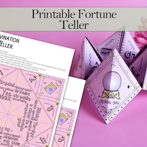 May include: Printable fortune teller game with a pink and white color scheme. The fortune teller is folded into a pyramid shape and features a crystal ball design. The game includes a variety of fortune telling phrases, such as "Crystal Holographic vibes affirm dreams" and "Witchy Tie-dye winds unveil magick points".