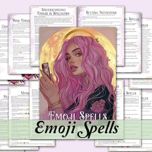 May include: A digital guide to emoji spells with a pink and yellow illustration of a woman using a smartphone. The guide includes sections on understanding emojis, setting intentions, and different types of spells.