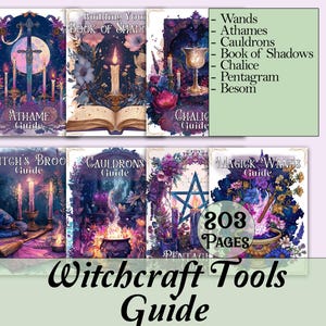 May include: A guide to Witchcraft Tools with 203 pages. The image features several book covers with titles like "Athame Guide", "Book of Shadows", and "Magick Wands Guide". The covers have illustrations of candles, chalices, and pentagrams.