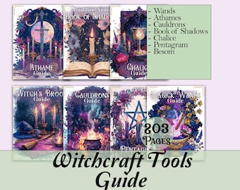 May include: A guide to Witchcraft Tools with 203 pages. The image shows several book covers with titles such as "Athame Guide", "Book of Shadows", and "Magick Wands Guide". The covers feature illustrations of candles, chalices, and pentagrams.