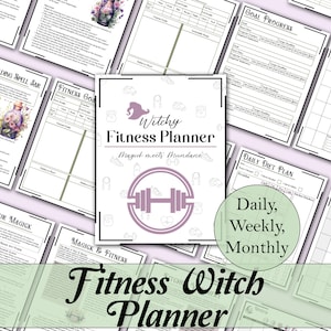 May include: A printable fitness planner with a witchy theme. The planner includes pages for daily, weekly, and monthly fitness goals, as well as a section for tracking progress. The cover features a purple and white illustration of a witch's hat and a dumbbell.