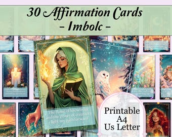 May include: Thirty printable affirmation cards with a green, white and blue colour scheme. The cards feature illustrations of a woman with a book, a white owl, and a starry night sky. The text on the cards reads "The flame of knowledge and the power of creativity light my path forward" and "Printable A4 Us Letter".
