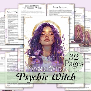 Może przedstawiać: Cyfrowy, drukowalny przewodnik dla psychicznych wiedźm z 32 stronami informacji o rozwijaniu intuicji, rozumieniu zdolności psychicznych i codziennych praktykach. Przewodnik charakteryzuje się fioletową i białą kolorystyką z kwiatowym wzorem i pięknym obrazkiem kobiety o fioletowych włosach.