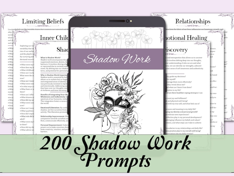 200 Shadow Work Prompts | Shadow Work Basics & Prompts for 10 Categories | Digital Shadow Work Workbook for Beginners - Printable PDF Pages