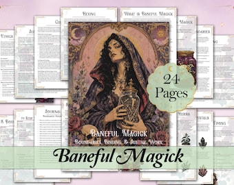 Könnte beinhalten: Ein 24-seitiger digitaler Leitfaden mit dem Titel Baneful Magick: Boundaries, Binding, & Justice Work. Das Cover zeigt die Illustration einer Person in einem dunklen Kapuzenumhang, die ein mit Knochen gefülltes Glas hält, umgeben von Rosen und einem Totenkopf.