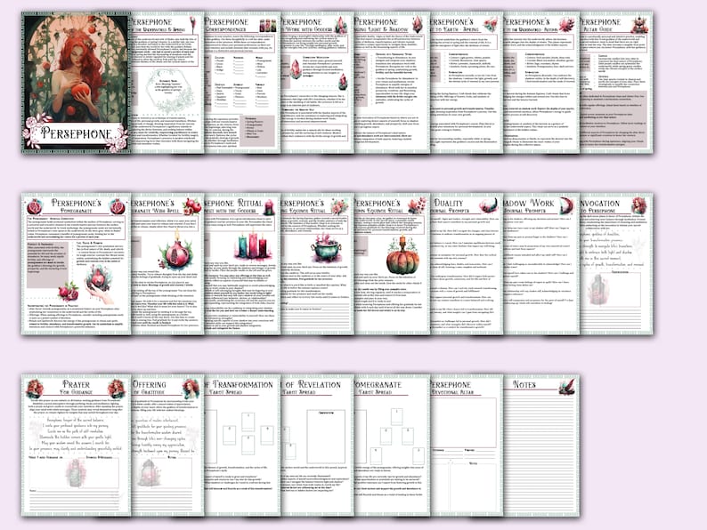 May include: A printable guide to working with the Greek goddess Persephone. The guide includes information about her mythology, rituals, and invocations. It also includes a prayer, offering, and tarot spread.