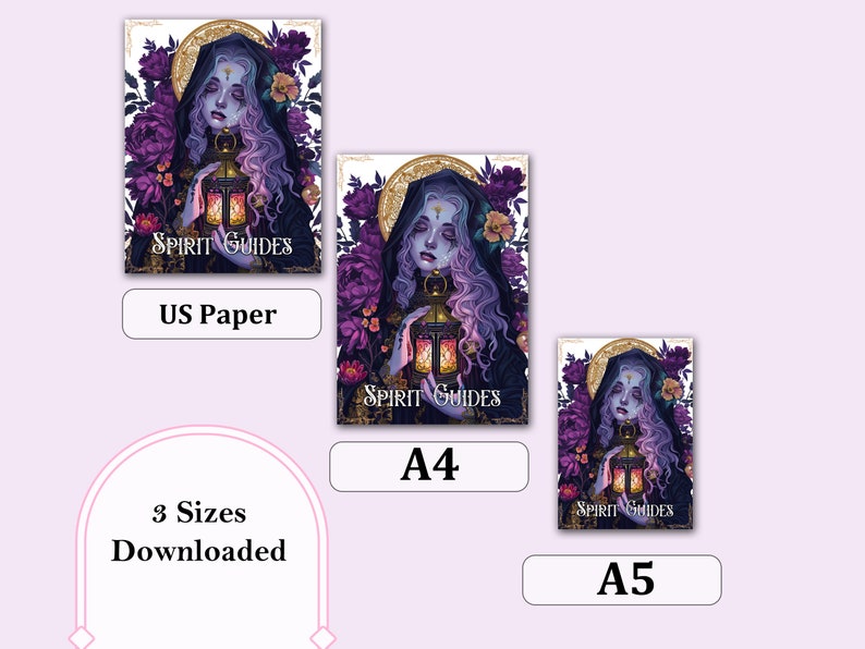K&ouml;nnte beinhalten: Drei druckbare digitale Downloads einer lila und goldenen Illustration einer Frau mit langen lila Haaren, die eine Laterne h&auml;lt. Der Text "Spirit Guides" befindet sich auf dem Bild. Die Gr&ouml;&szlig;en sind US Paper, A4 und A5.
