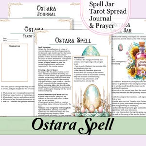 Könnte beinhalten: Eine druckbare Journalseite mit einer Aquarell-Illustration eines Spiegels, Kerzen und Eiern. Der Text auf der Seite lautet "Ostara Spell" und enthält Affirmationen, Anweisungen zum Erstellen eines heiligen Raumes und wie man den Zauber für sich zum Laufen bringt.