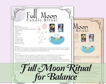 May include: A printable guide for a full moon candle ritual to bring balance between work and spiritual life. The guide includes a list of ingredients, instructions, and intentions. The image features a bowl with water, orange slices, and candles.