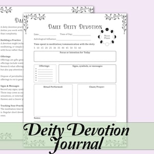 May include: A white Daily Deity Devotion journal with a floral border design. The journal includes sections for recording time spent in meditation, focus, offerings, signs, and notes. The title "Deity Devotion Journal" is displayed at the bottom.