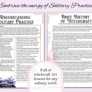 May include: A colorful illustration with text that reads "Embrace the energy of Solitary Practice". The illustration features two pages of a book with text about understanding solitary practice and a brief history of witchcraft. The text is in a white font with a black outline. The background is a light pink with a white border.