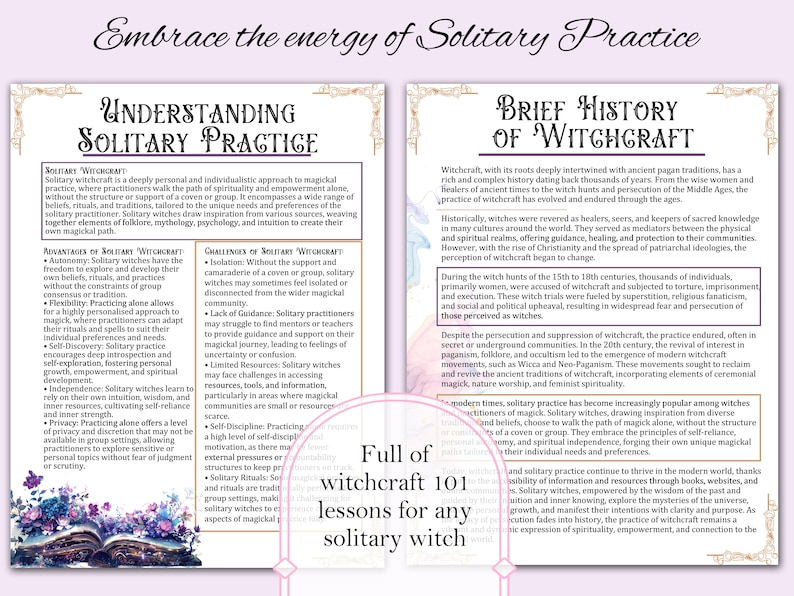 May include: A colorful illustration with text that reads "Embrace the energy of Solitary Practice". The illustration features two pages of a book with text about understanding solitary practice and a brief history of witchcraft. The text is in a white font with a black outline. The background is a light pink with a white border.