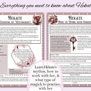 May include: A colorful infographic about the Greek goddess Hekate, with a red and white floral design. The text includes information about Hekate's origins, titles, and how to work with her.