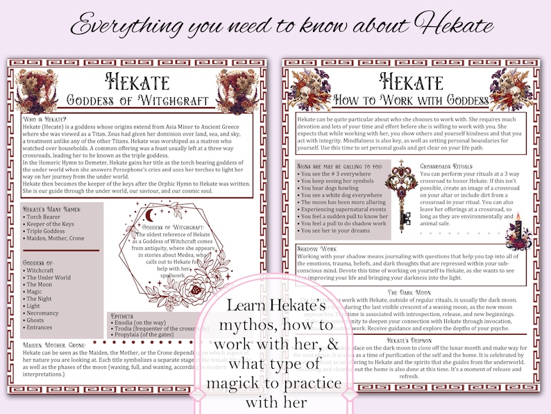 May include: A colorful infographic about the Greek goddess Hekate, with a red and white floral design. The text includes information about Hekate's origins, titles, and how to work with her.