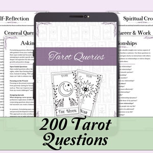 200 preguntas de tarot/conceptos básicos + preguntas de tarot digitales para la autorreflexión, las relaciones, la carrera, la orientación y más: páginas PDF imprimibles