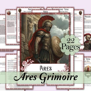Puede incluir: Grimorio de Ares, una colección de 22 páginas con ilustraciones de un guerrero con armadura, capa y casco rojos. El título "Ares" se muestra con detalles florales y las páginas tienen un borde decorativo.