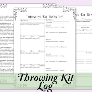 May include: A white paper document titled Throwing Kit Inventory with black text and leaf border illustrations. The form includes sections for piece descriptions, materials, and meanings, alongside a Throwing Kit Reading Log page.