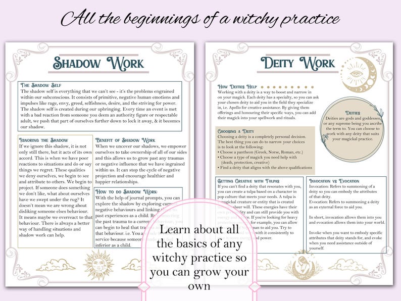 May include: A guide to shadow work and deity work in witchcraft. The text describes the shadow self, the benefits of shadow work, and how to do shadow work. It also describes how to work with deities, choosing a deity, and the difference between invocation and evocation.