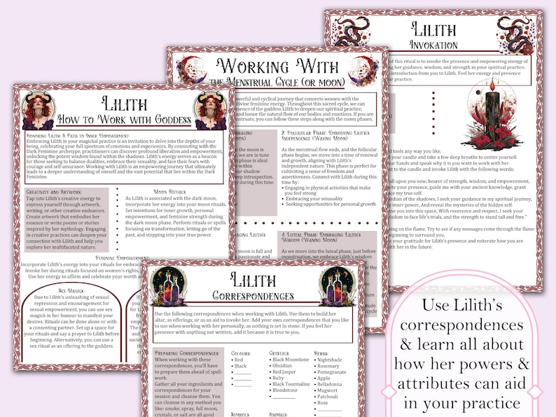 Lilith Book of Shadows Bundle | Spells, Rituals, Tarot Spreads, Correspondences, Self Empowerment, Magick Oil, and more! - Printable Pages image 4