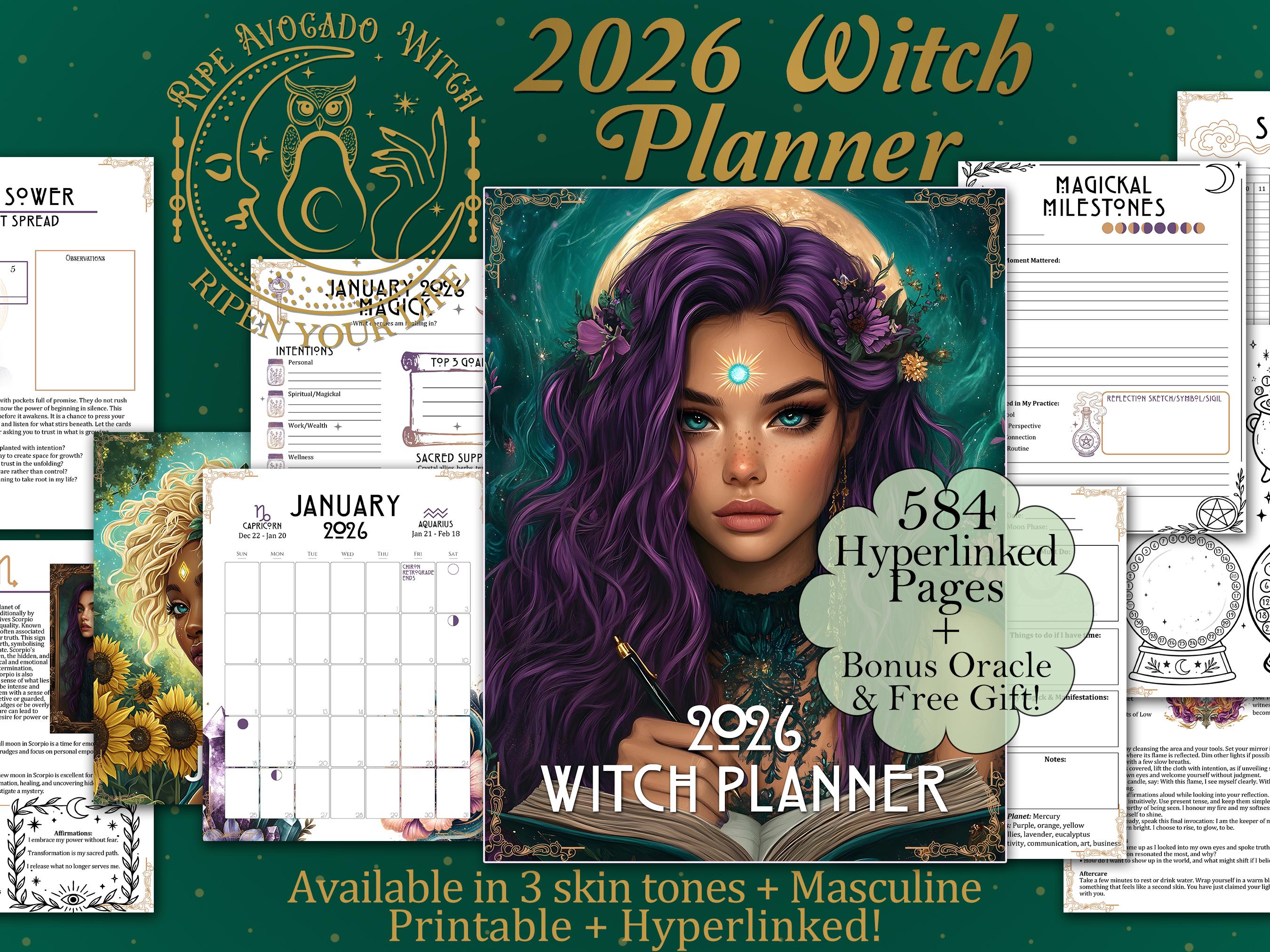 2026 Witch Planner | Hyperlinked & Printable Monthly, Weekly, Daily, Moon Phases, Sabbats, Astrology, Habit Tracker, Financial Planner +More