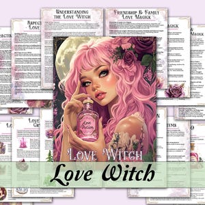 May include: A digital illustration of a pink-haired woman holding a bottle of love potion. The image is surrounded by text about love magic, including the words "Love Witch" and "Love Potion".