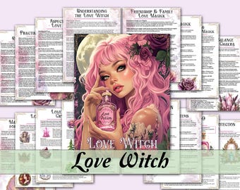 Pode incluir: Uma ilustração digital de uma mulher com cabelo rosa segurando uma garrafa de poção de amor. A imagem é cercada por texto sobre magia do amor, incluindo as palavras "Love Witch" e "Love Potion".
