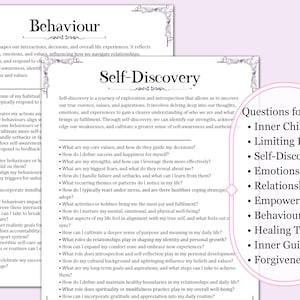 May include: Two pages of self-help worksheets with the titles "Behaviour" and "Self-Discovery". The worksheets have questions about inner child, limiting beliefs, emotions, relationships, and more. A pink list of questions is on the right.