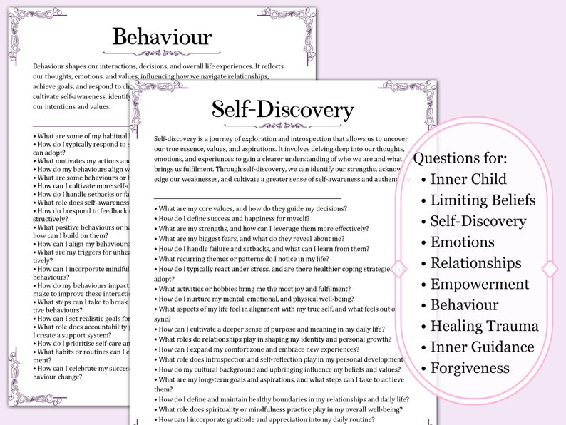 May include: Two pages of self-help worksheets with the titles "Behaviour" and "Self-Discovery". The worksheets have questions about inner child, limiting beliefs, emotions, relationships, and more. A pink list of questions is on the right.