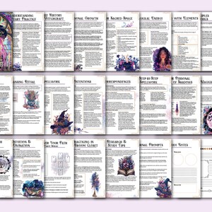 May include: A printable guide for solitary witches, featuring illustrations of a witch with a black hat and purple hair, a cauldron, and a full moon. The guide includes sections on rituals, spellwork, working with nature, and more.