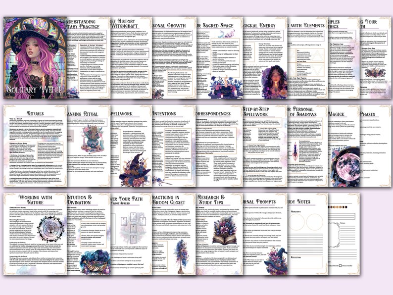 May include: A printable guide for solitary witches, featuring illustrations of a witch with a black hat and purple hair, a cauldron, and a full moon. The guide includes sections on rituals, spellwork, working with nature, and more.