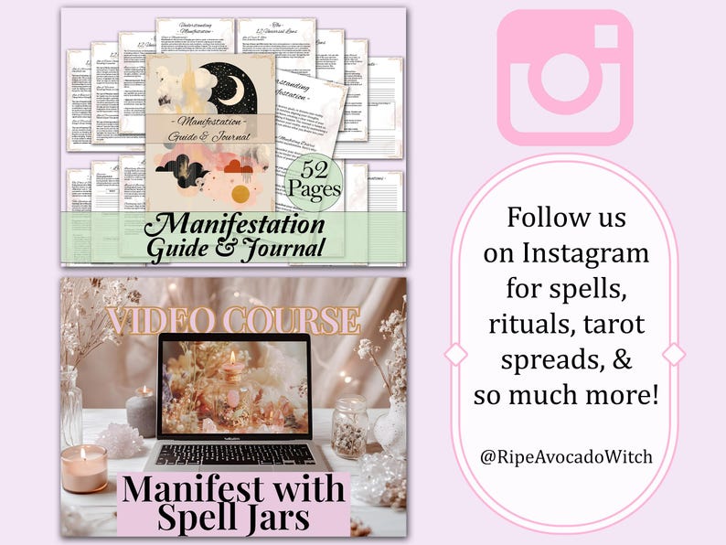 May include: Image featuring a "Manifestation Guide & Journal" with 52 pages, and a laptop displaying a "Video Course" with the text "Manifest with Spell Jars." An Instagram graphic encourages followers to find spells, rituals, and tarot spreads.