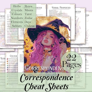 May include: A set of 22 printable correspondence cheat sheets featuring a witch with pink hair and a black hat. The cheat sheets cover topics such as herbs, crystals, runes, moons, colors, tarot, numbers, zodiac, elements, days, sabbats, and chakras.