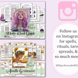 May include: Two digital printable guides for deity work and the Greek god Apollo. The deity work guide features a woman with pink hair and a crown of stars. The Apollo grimoire features a person with a crown of sunflowers. Both guides have a vintage aesthetic.