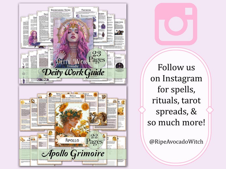 May include: Two digital printable guides for deity work and the Greek god Apollo. The deity work guide features a woman with pink hair and a crown of stars. The Apollo grimoire features a person with a crown of sunflowers. Both guides have a vintage aesthetic.
