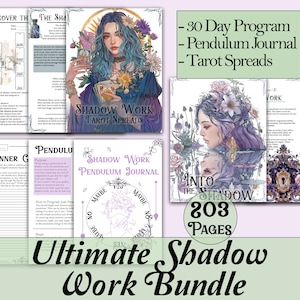 Puede incluir: Un paquete de productos digitales para el trabajo de la sombra, que incluye un programa de 30 días, un diario de péndulo y tiradas de tarot. La imagen de portada presenta a una mujer con cabello morado sobre un fondo floral. El texto "Ultimate Shadow Work Bundle" se muestra en letras grandes y en negrita.