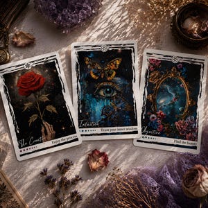 Puede incluir: Tres cartas de tarot rectangulares con ilustraciones oscuras y detalladas. La carta de la izquierda muestra una rosa roja con el texto The Creator y Enjoy the process. La carta central presenta una mariposa y un ojo con Intuition y Trust your inner wisdom. La carta de la derecha muestra un espejo adornado con Objective y Find the beauty.