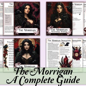 May include: A selection of books and journals with a gothic theme. The covers feature illustrations of a woman with dark hair and crows, with the title "The Morrigan." The text "A Complete Guide" is at the bottom.