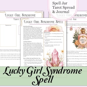 May include: A printable tarot spread and journal for a "Lucky Girl Syndrome" spell. The spread includes four cards with prompts for reflection and journaling. The journal includes affirmations, casting guidance, and instructions on how to make the spell work. The image also includes a watercolor illustration of a bottle of perfume, a pink crystal, and flowers.